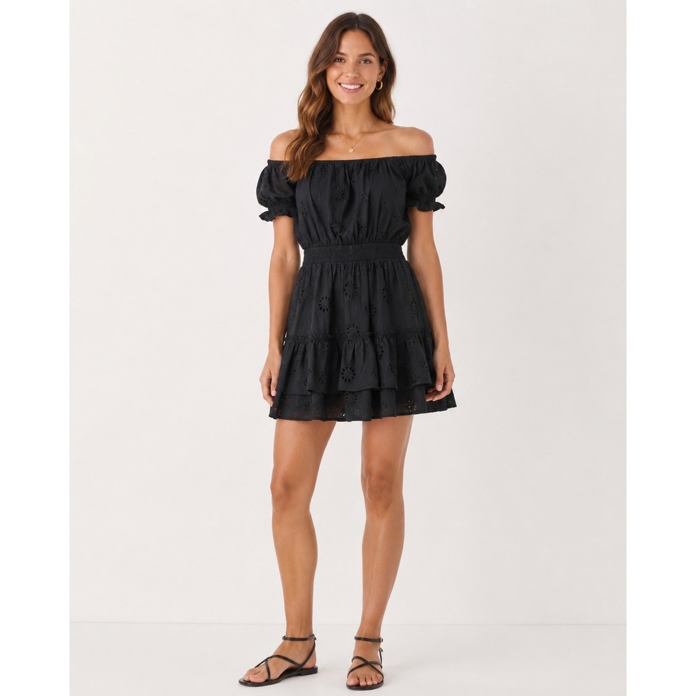 AQUA cover up  Dress Women Small Black Eyelet Off Shoulder Smocked Cotton Mini